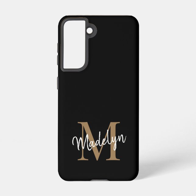 Modern Black Gold Monogram Feminine Script Name Samsung Galaxy S21 Case (Back)