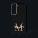 Modern Black Gold Monogram Feminine Script Name Samsung Galaxy Case<br><div class="desc">Modern Black Gold Monogram Feminine Script Name Phone Case. Easily personalize this modern elegant phone case with your custom monogram and name.</div>