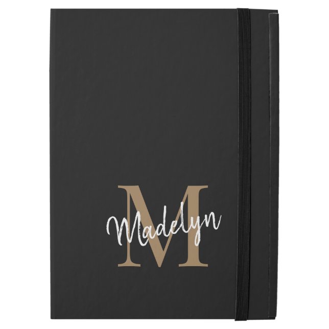 Modern Black Gold Monogram Feminine Stylish Script iPad Pro 12.9" Case (Front Closed)
