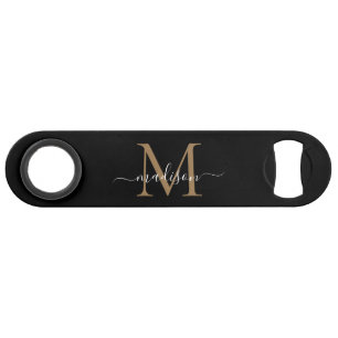 Modern Black Gold Monogram Girly Elegant Script Bar Key