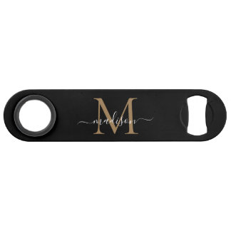 Modern Black Gold Monogram Girly Elegant Script Bar Key