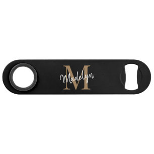 Modern Black Gold Monogram Girly Elegant Script Bar Key