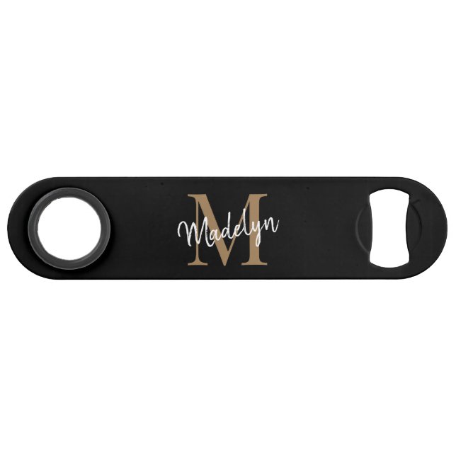 Modern Black Gold Monogram Girly Elegant Script Bar Key (Front (Horizontal))