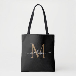 Modern Black Gold Monogram Girly Feminine Script Tote Bag