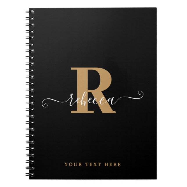 Modern Black Gold Monogram Hand Script Name  Notebook (Front)