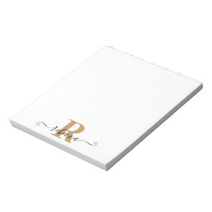 Modern Black Gold Monogram Hand Script Name Notepad