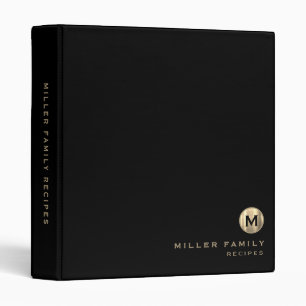 Modern Black Gold Monogram Initial Family Recipe Binder