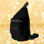 Modern Black Gold Monogram Mens Womens Kids Travel Sling Bag<br><div class="desc">Create your own custom, personalized, modern faux gold script / typography monogram monogrammed, durable Polyester Poplin, mens womens kids solid jet black biking hiking school college university student travel gym sports beach crossbody or over one shoulder tote sling bag, with rugged adjustable (27"-38") waist / crossbody strap with plastic swivel...</div>
