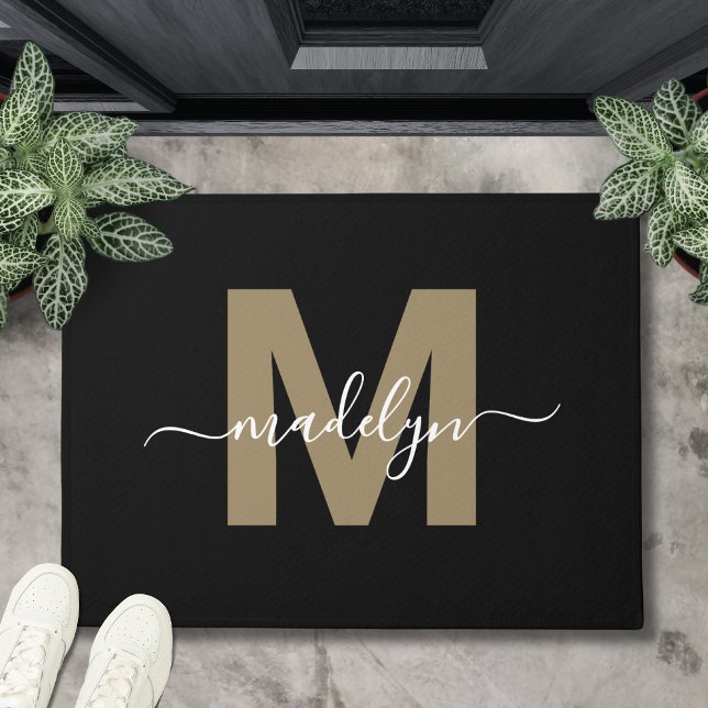 Modern Black Gold Monogram Name Doormat (Modern Black Gold Initial Monogram Script Name Doormat )