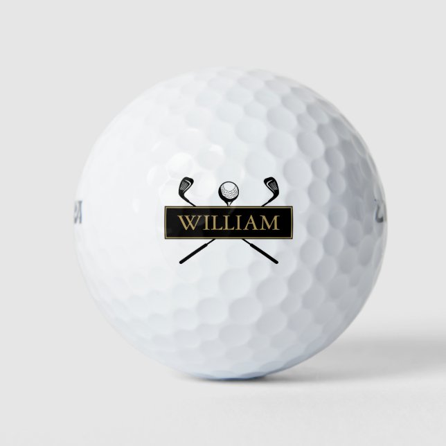 Modern Black Gold Monogram Name Golf Balls (Front)