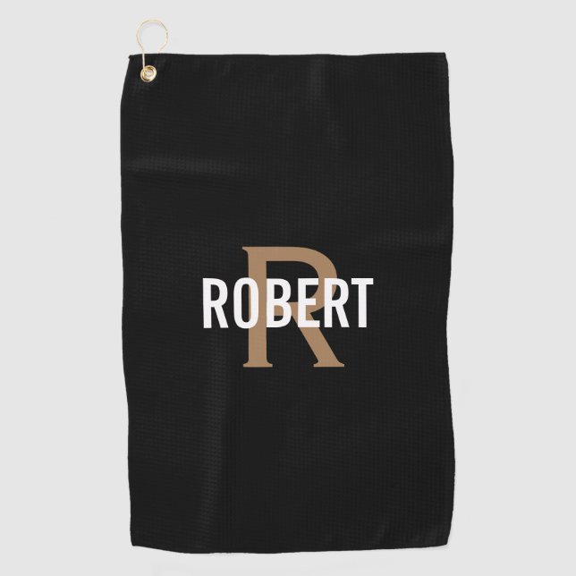 Modern black gold monogram name golf towel (Front)