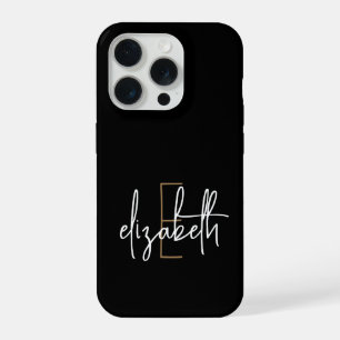 Modern Black Gold Monogram Name iPhone 15 Pro Case