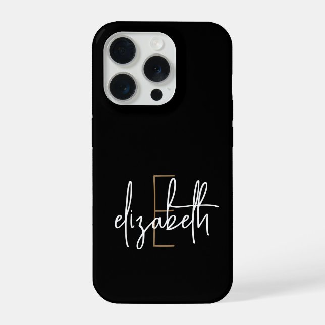Modern Black Gold Monogram Name iPhone Case (Back)