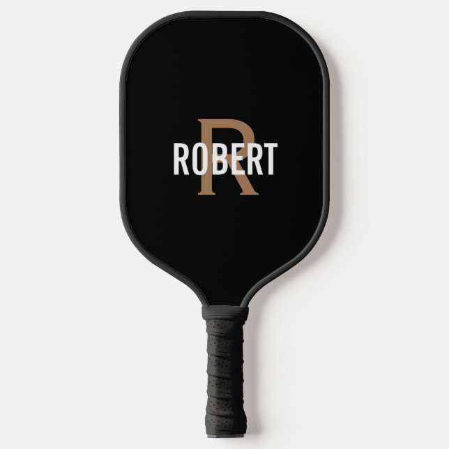 Modern black gold monogram name mens pickleball pa paddle (Front)