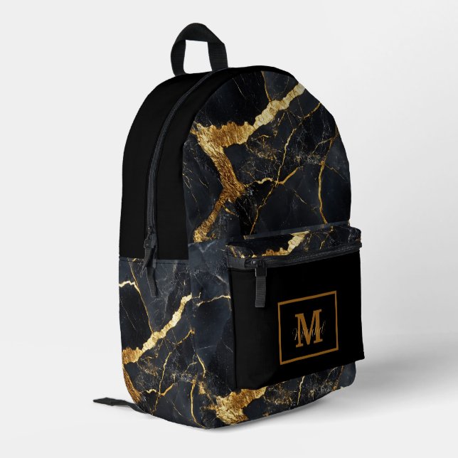 Modern Black & Gold Monogram Name  Printed Backpack (Back Corner Left)