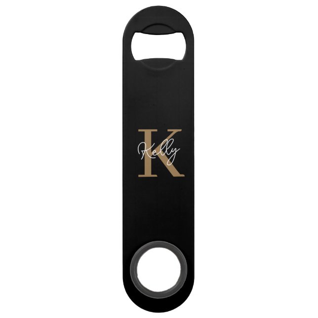 Modern Black Gold Monogram Script Bar Key (Front)