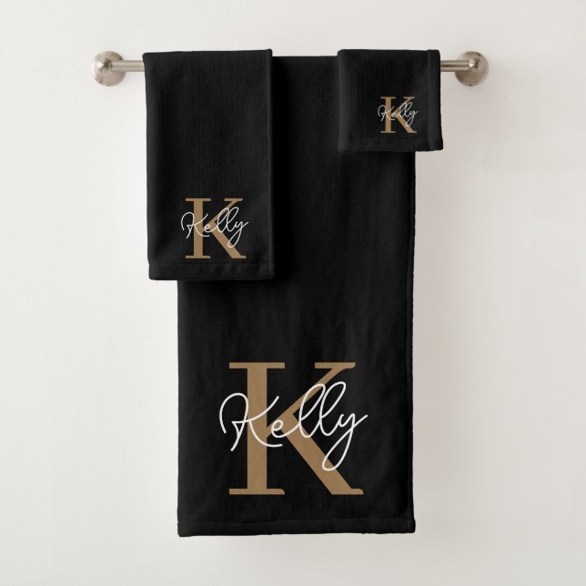 Modern Black Gold Monogram Script Bath Towel Set (Insitu)