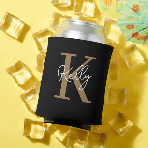 Modern Black Gold Monogram Script Can Cooler