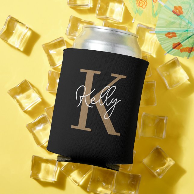 Modern Black Gold Monogram Script Can Cooler (In Situ Summer)