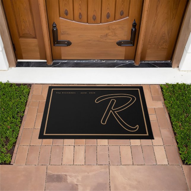 Modern Black Gold Monogram Script Family Name Doormat (Outdoor)