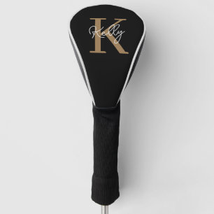 Modern Black Gold Monogram Script Golf Head Cover