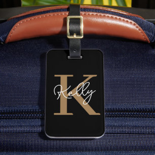 Modern Black Gold Monogram Script Luggage Tag