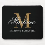 Modern Black Gold Monogram Script Mouse Pad<br><div class="desc">Modern Monogram Black White Gold Script Name mouse pad for your new home office.</div>
