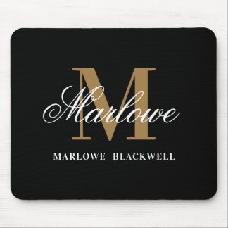 Modern Black Gold Monogram Script Mouse Pad