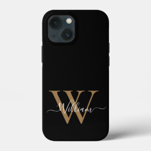 Modern black gold monogram script name iPhone 13 mini case