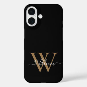 Modern black gold monogram script name iPhone 16 case