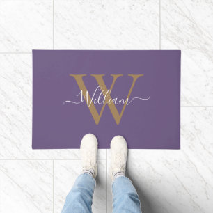 Modern black gold  monogram script name doormat
