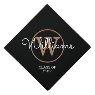 Modern Black Gold Monogram Script Name Graduation Cap Topper