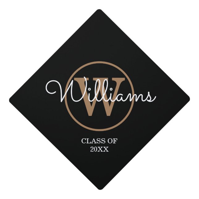Modern Black Gold Monogram Script Name Graduation Cap Topper (Front)