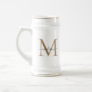 Modern Black Gold Monogram Script Name Initial Beer Stein