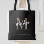 Modern Black Gold Monogram Script Name Initial Tote Bag<br><div class="desc">Modern Black Gold Monogram Script Name Initial Tote Bag.Easily personalize this modern elegant tote bag with your custom monogram and name.</div>