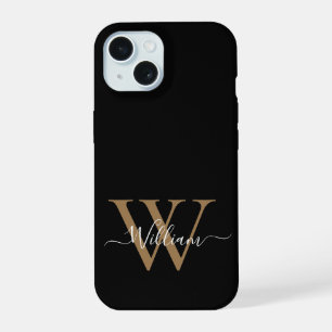 Modern black gold monogram script name iPhone 15 case