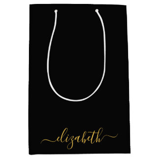 Modern black gold  monogram script name medium gift bag
