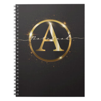 Modern Black Gold Monogram Script Name Notebook