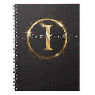 Modern Black Gold Monogram Script Name Notebook