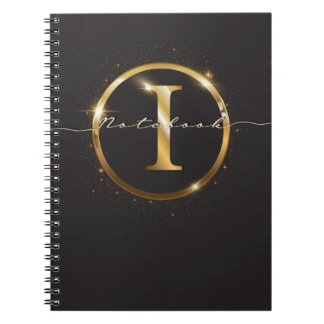 Modern Black Gold Monogram Script Name Notebook
