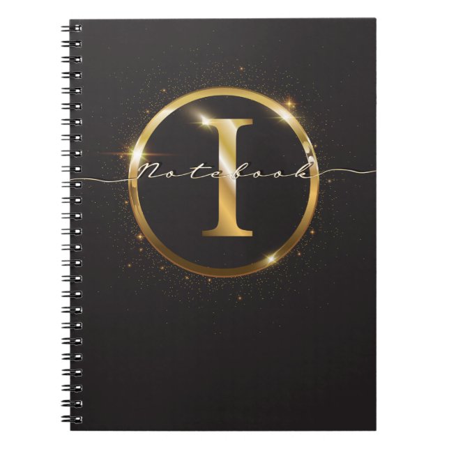 Modern Black Gold Monogram Script Name  Notebook (Front)