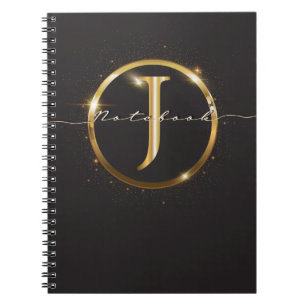 Modern Black Gold Monogram Script Name  Notebook