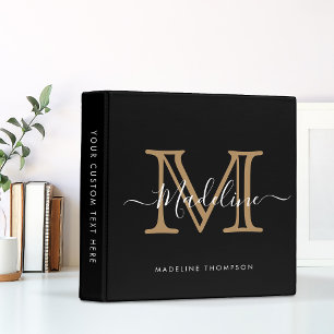 Modern Black Gold Monogram Script Office School Binder