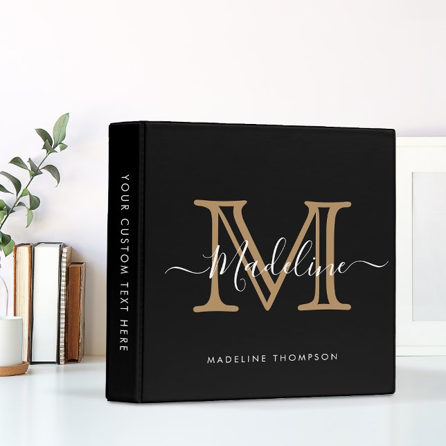 Modern Black Gold Monogram Script Office School Binder (Creator Uploaded)