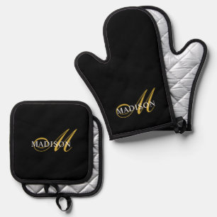 Modern Black Gold Monogram Script Oven Mitt & Pot Holder Set