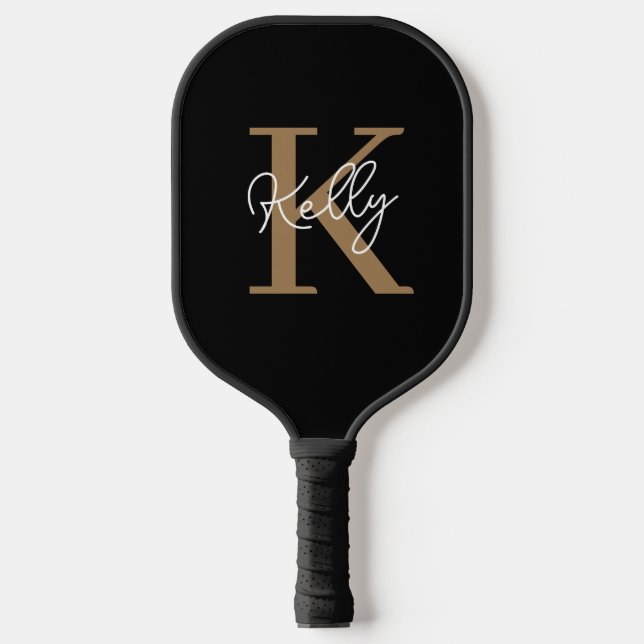 Modern Black Gold Monogram Script Pickleball Paddle (Front)