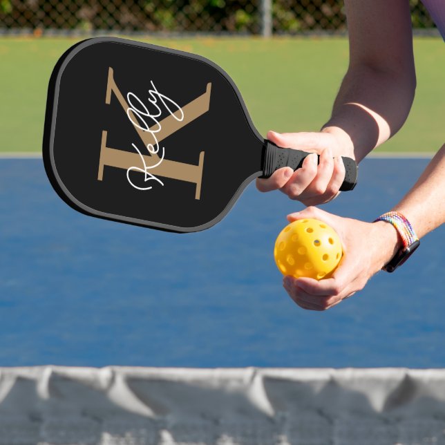 Modern Black Gold Monogram Script Pickleball Paddle (Insitu)