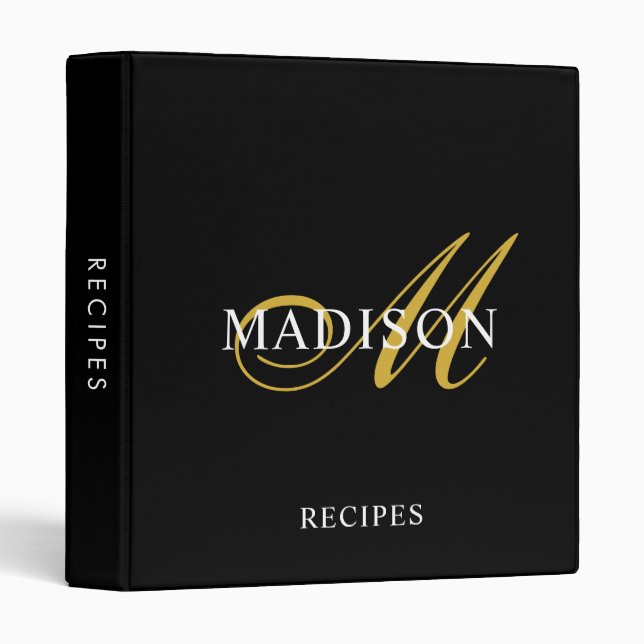 Modern Black Gold Monogram Script Recipe Binder (Front/Spine)