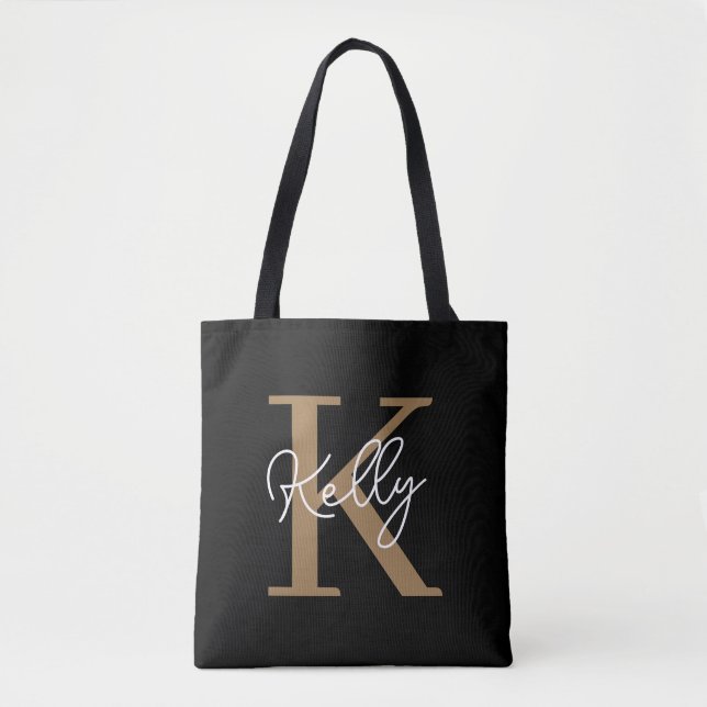 Modern Black Gold Monogram Script Tote Bag (Front)