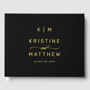 Modern Black Gold Monogram Script Wedding  Guest Book